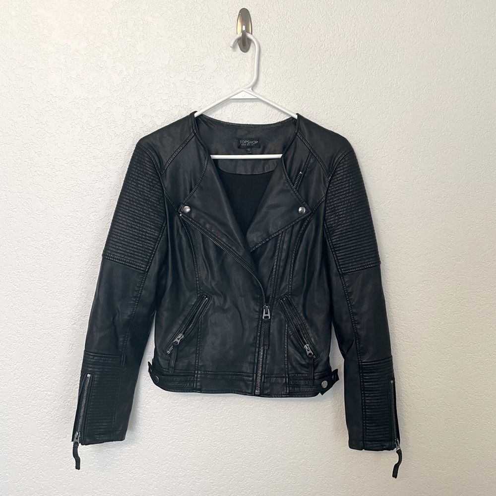 TOPSHOP Faux Leather Moto Biker Jacket Asymmetric Black Silver Zipper 4 Small S